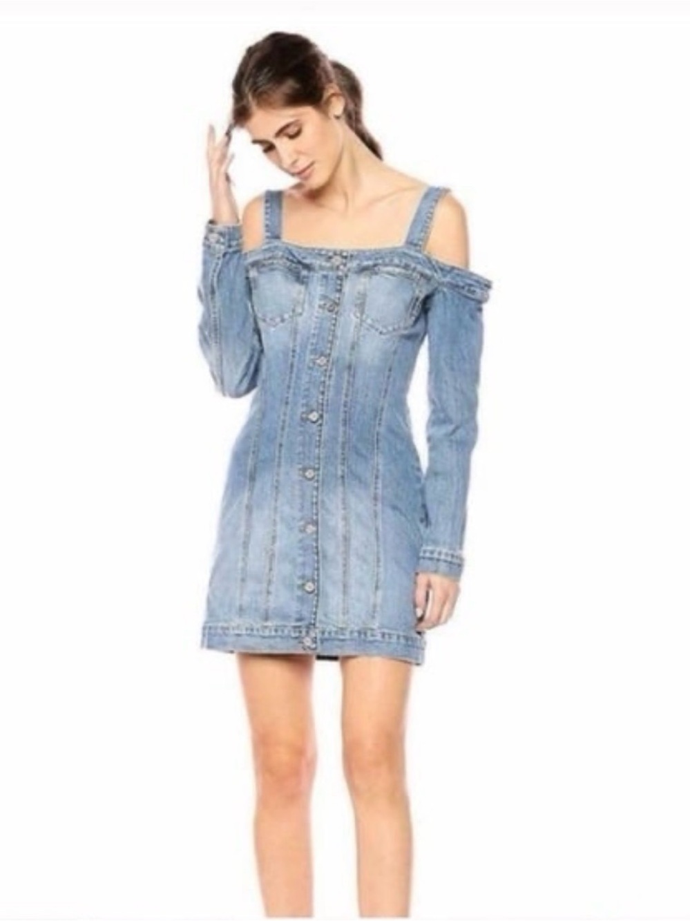 GUESS Authentic Bodycon Cold-Shoulder Denim Halcyon Y2K Dress.